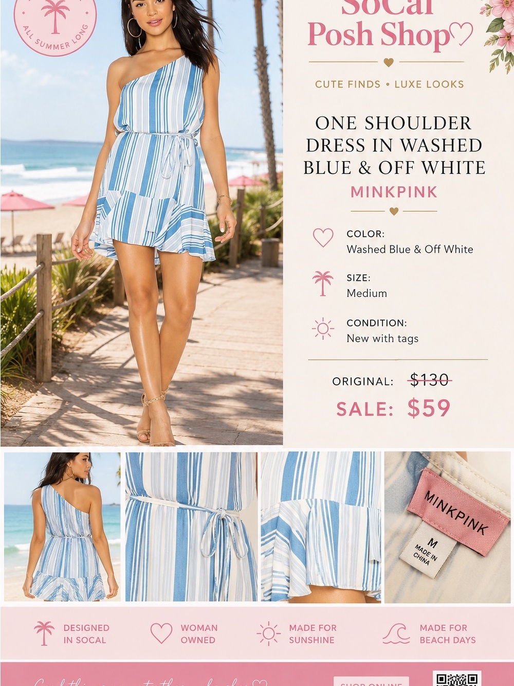 MINKPINK Washed Blue & Off-White One-Shoulder Mini Dress. NWT. Medium